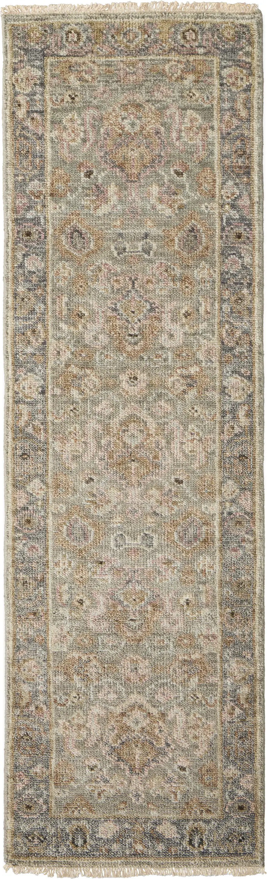 8' Gray and Gold Wool Oriental Hand Knotted Runner Rug With Fringe Photo 2