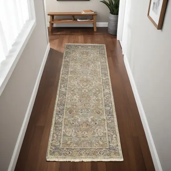 8' Gray and Gold Wool Oriental Hand Knotted Runner Rug With Fringe Photo 1
