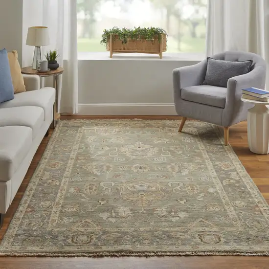 8' Gray and Gold Wool Oriental Hand Knotted Runner Rug With Fringe Photo 9