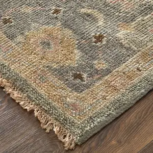 Photo of 8' Gray and Gold Wool Oriental Hand Knotted Runner Rug With Fringe