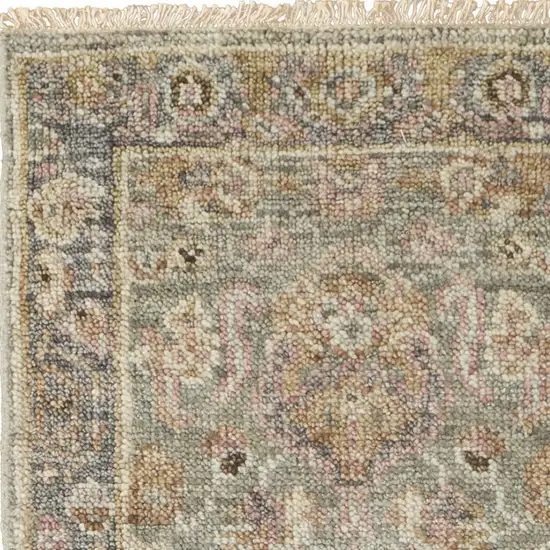 8' Gray and Gold Wool Oriental Hand Knotted Runner Rug With Fringe Photo 8