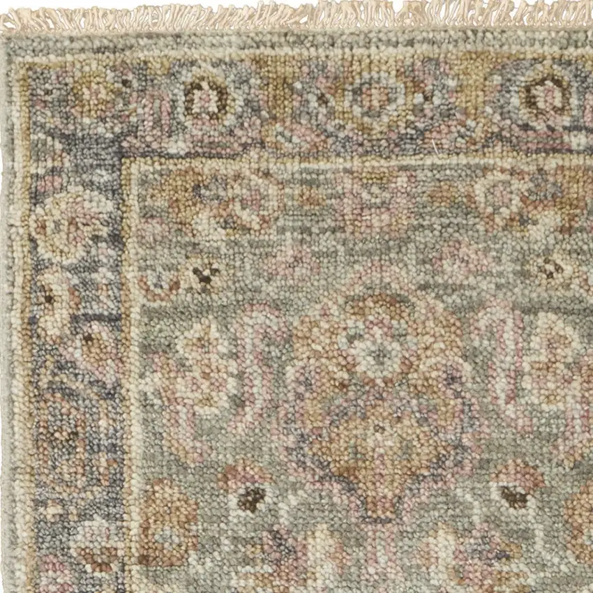 8' Gray and Gold Wool Oriental Hand Knotted Runner Rug With Fringe Photo 8
