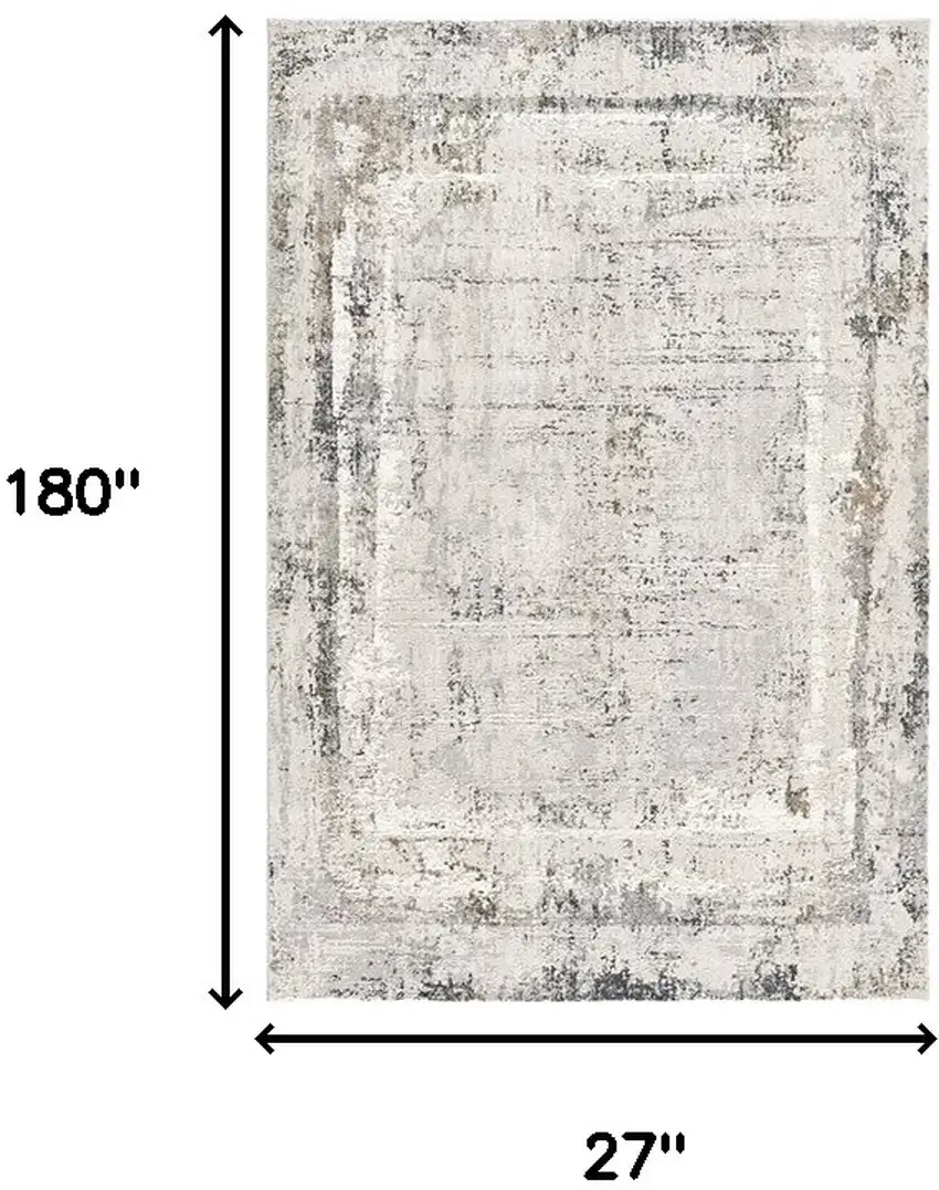 15' Gray and Ivory Abstract Distressed Runner Rug Photo 3