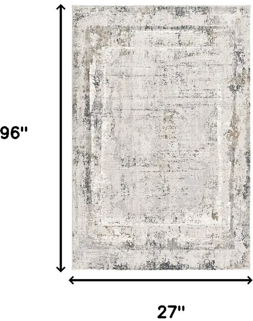 8' Gray and Ivory Abstract Distressed Runner Rug Photo 3