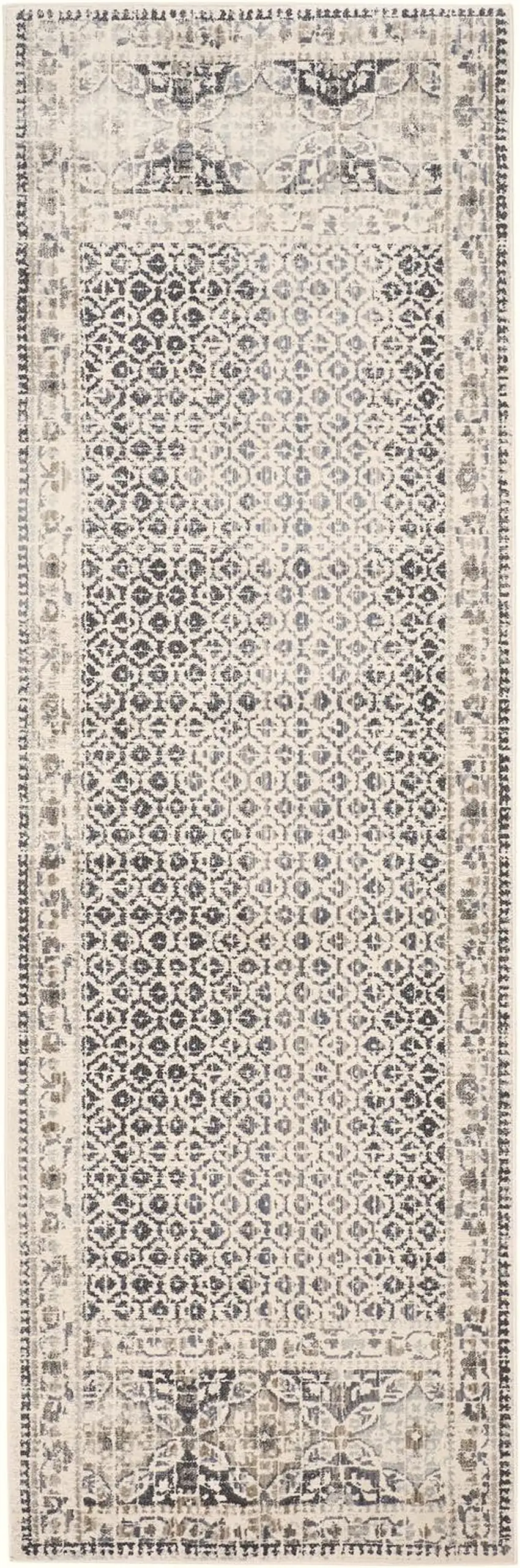 8' Gray and Ivory Abstract Geometric Power Loom Distressed Runner Rug Photo 2