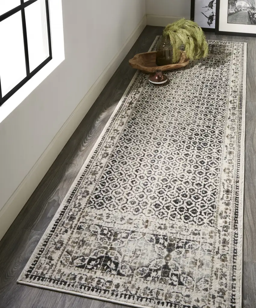 8' Gray and Ivory Abstract Geometric Power Loom Distressed Runner Rug Photo 6
