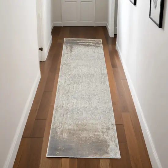8' Gray and Ivory Abstract Non Skid Runner Rug Photo 1