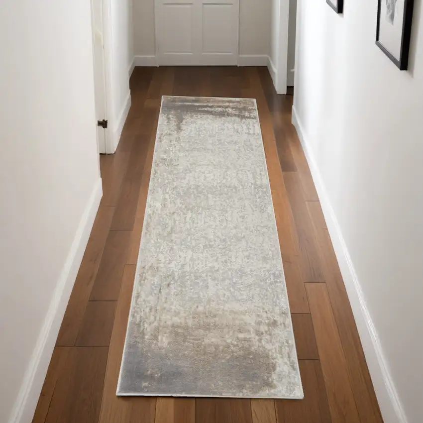 8' Gray and Ivory Abstract Non Skid Runner Rug Photo 1