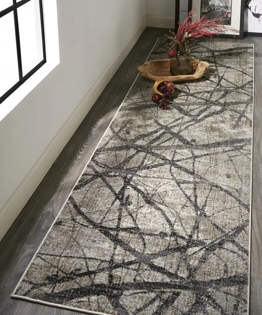 8' Gray and Ivory Abstract Power Loom Distressed Runner Rug Photo 6