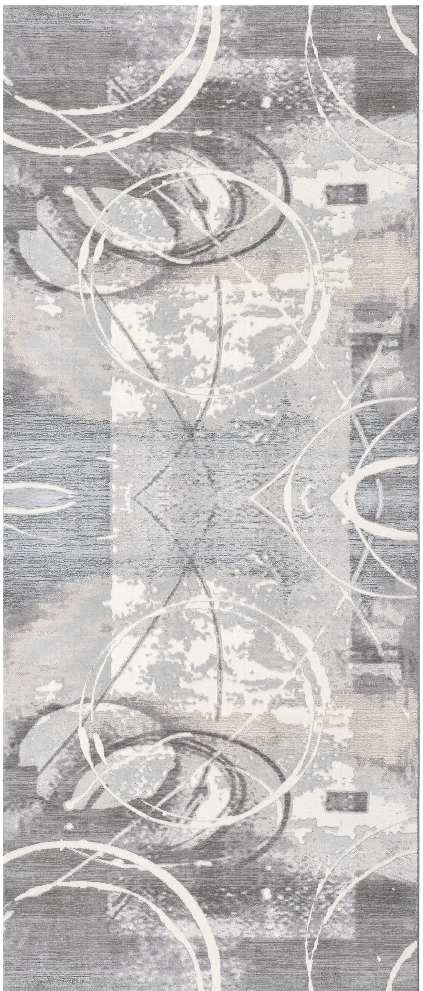 13' Gray and Ivory Abstract Power Loom Distressed Runner Rug Photo 2