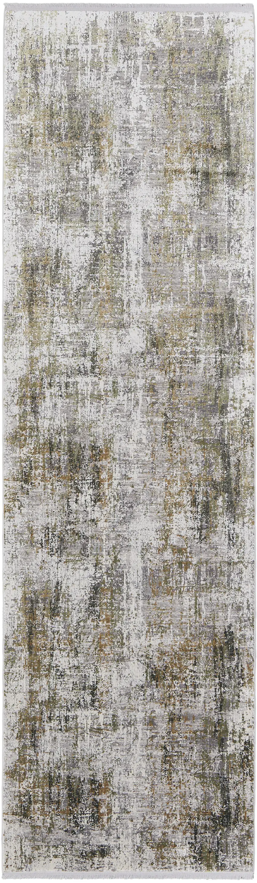 10' Gray and Ivory Abstract Power Loom Runner Rug With Fringe Photo 2
