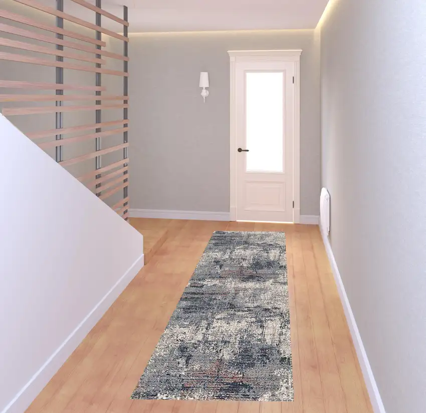 8' Gray and Ivory Abstract Power Loom Runner Rug Photo 2