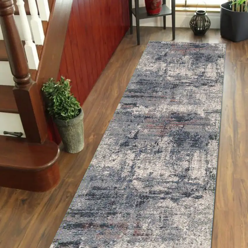 8' Gray and Ivory Abstract Power Loom Runner Rug Photo 5