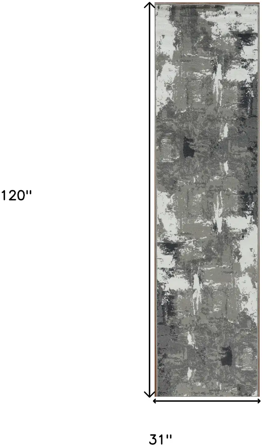 10' Gray and Ivory Abstract Power Loom Runner Rug Photo 7