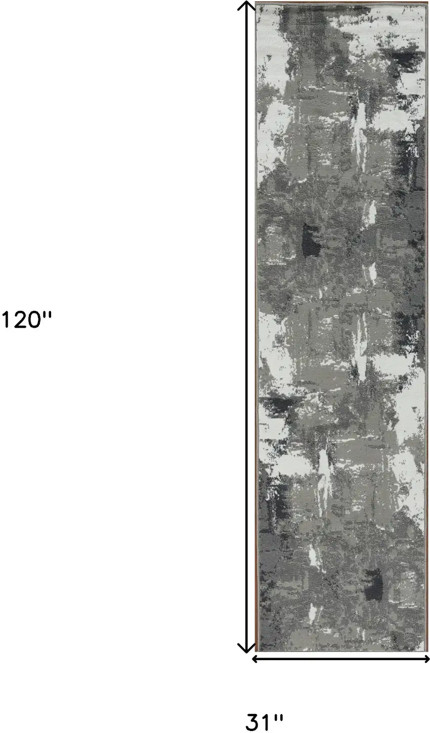 10' Gray and Ivory Abstract Power Loom Runner Rug Photo 7