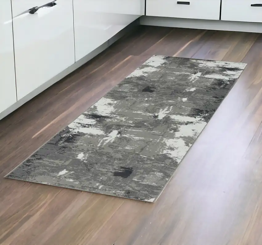 10' Gray and Ivory Abstract Power Loom Runner Rug Photo 1