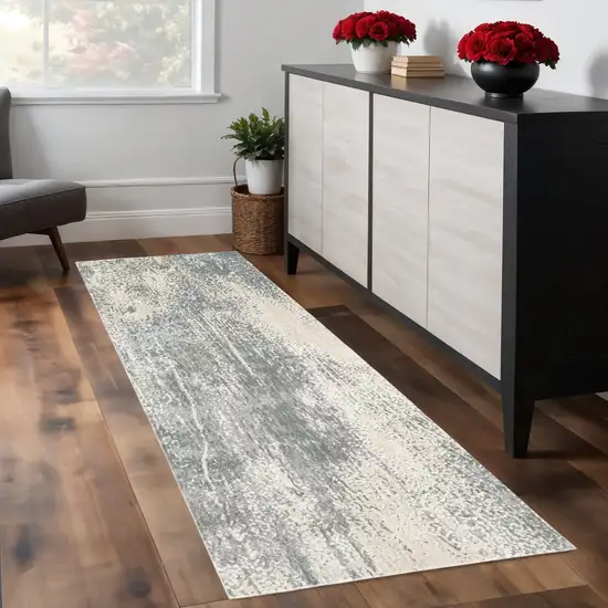 8' Ivory Gray And Blue Abstract Runner Rug Photo 1