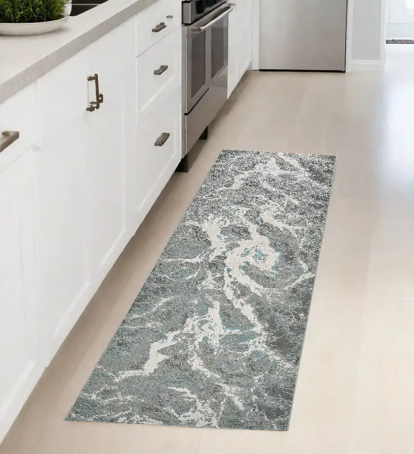 8' Gray and Ivory Abstract Power Loom Runner Rug Photo 1