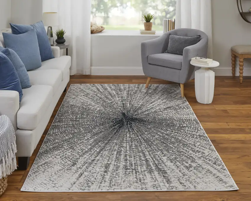 8' Gray and Ivory Abstract Power Loom Runner Rug Photo 5