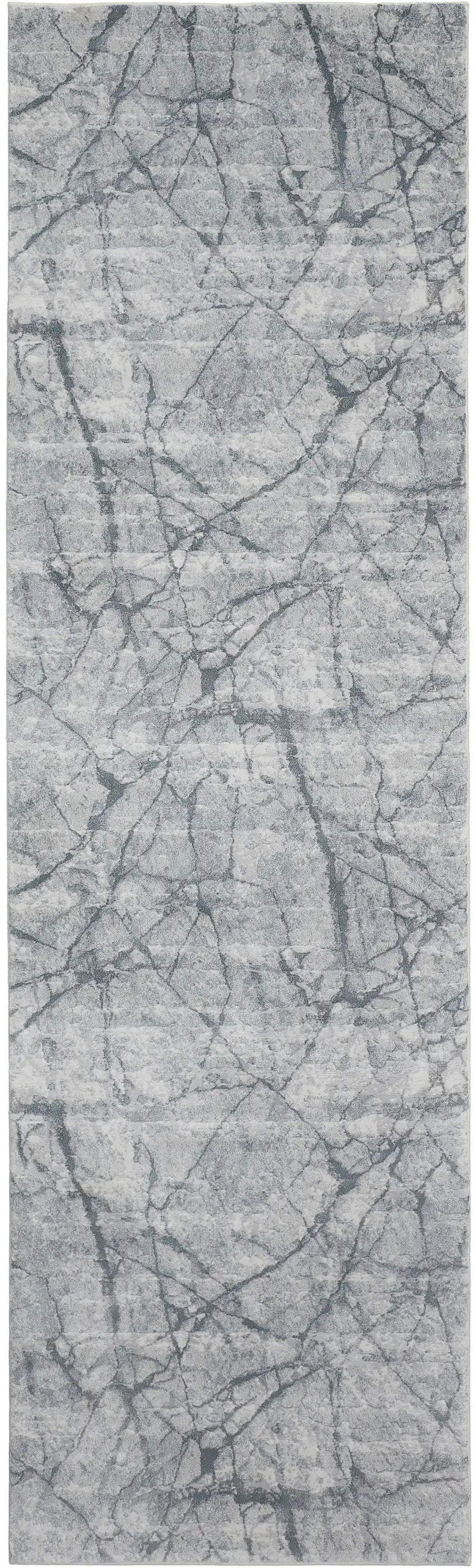 8' Gray and Ivory Abstract Power Loom Worn Faded Runner Rug Photo 1