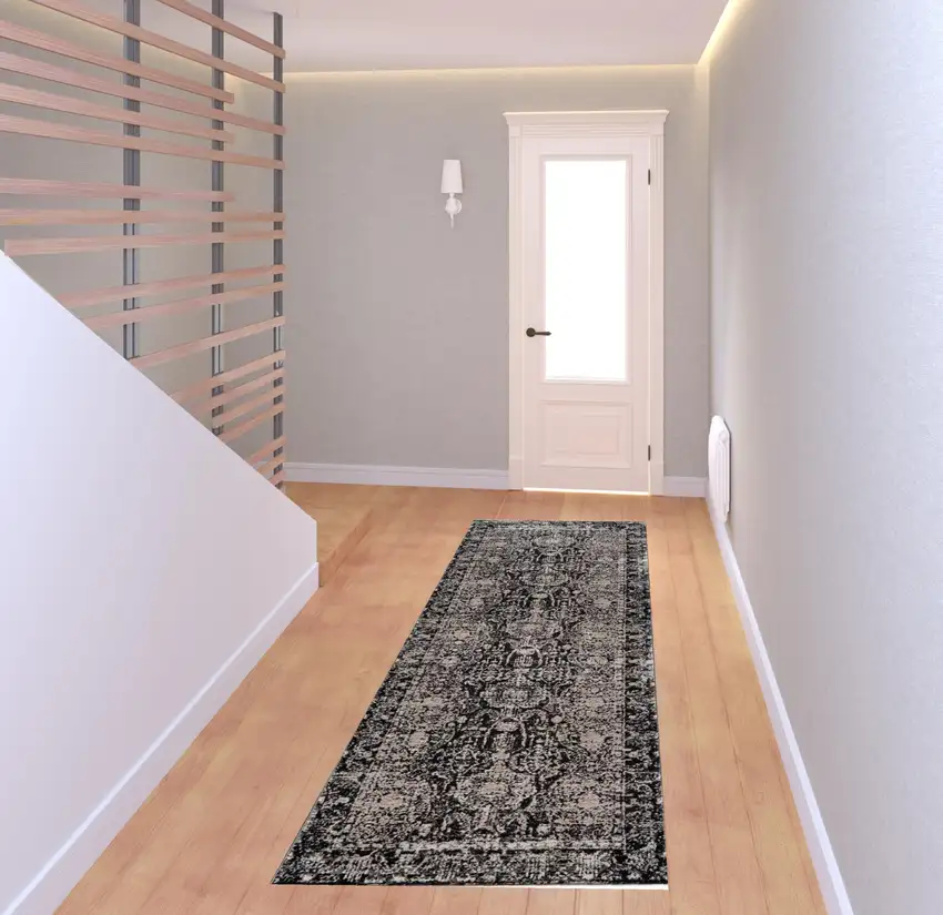 8' Gray and Ivory Abstract Runner Rug Photo 3