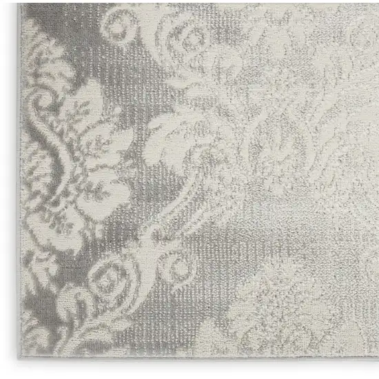 8' Gray and Ivory Damask Distressed Non Skid Runner Rug Photo 5