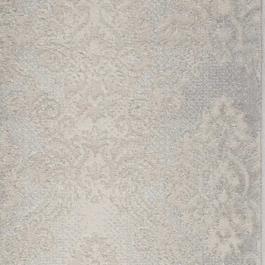 8' Gray and Ivory Damask Distressed Non Skid Runner Rug Photo 4