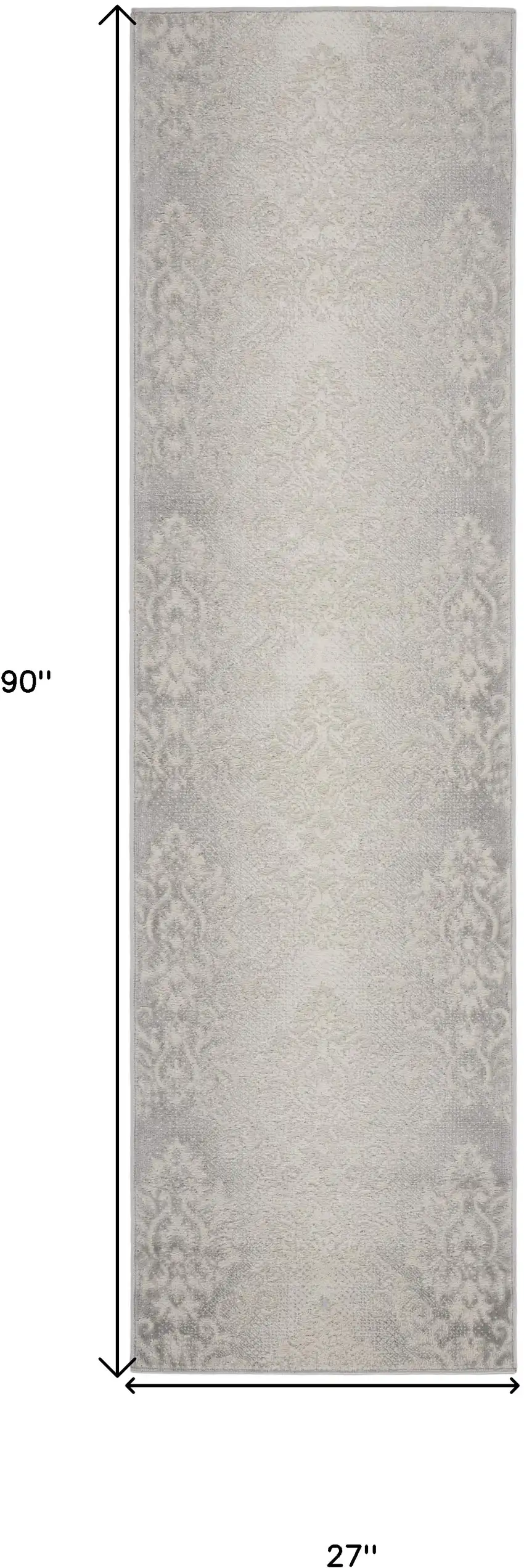 8' Gray and Ivory Damask Distressed Non Skid Runner Rug Photo 3