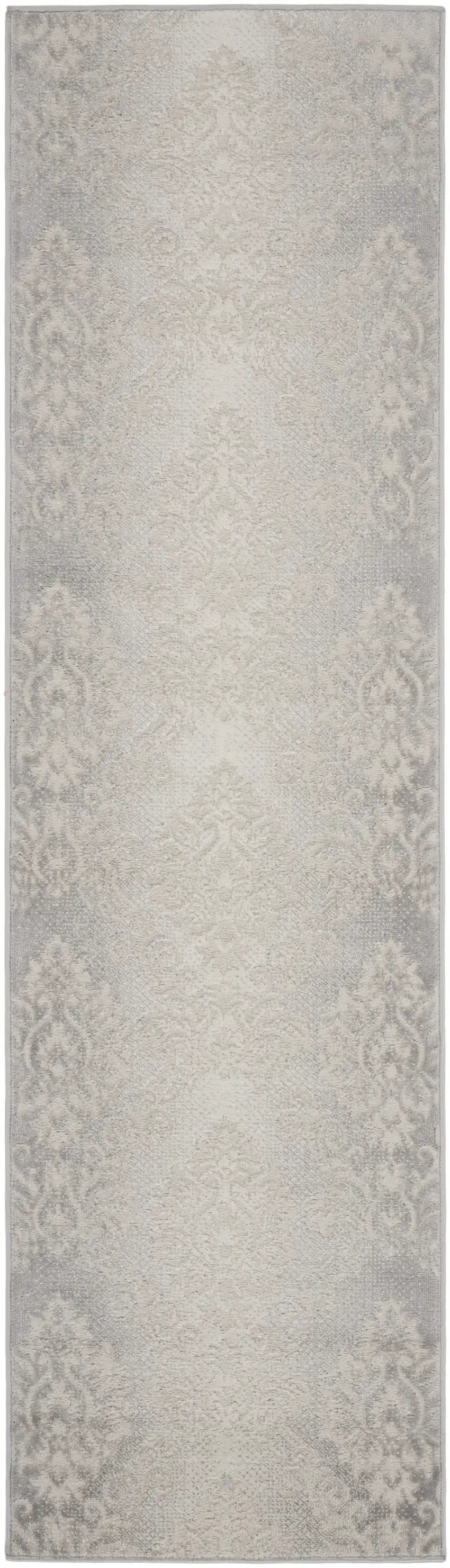 8' Gray and Ivory Damask Distressed Non Skid Runner Rug Photo 1