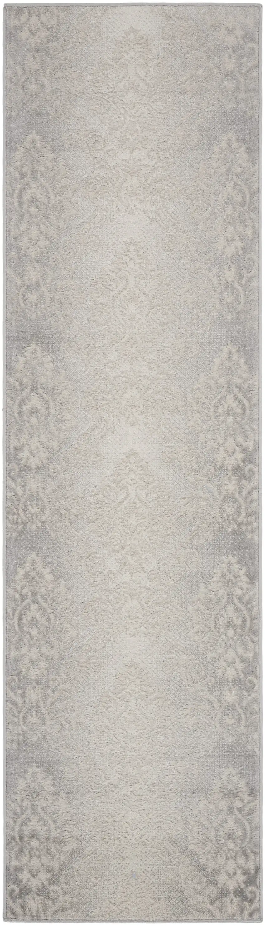 8' Gray and Ivory Damask Distressed Non Skid Runner Rug Photo 2