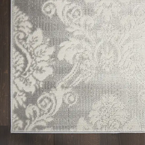 8' Gray and Ivory Damask Distressed Non Skid Runner Rug Photo 7