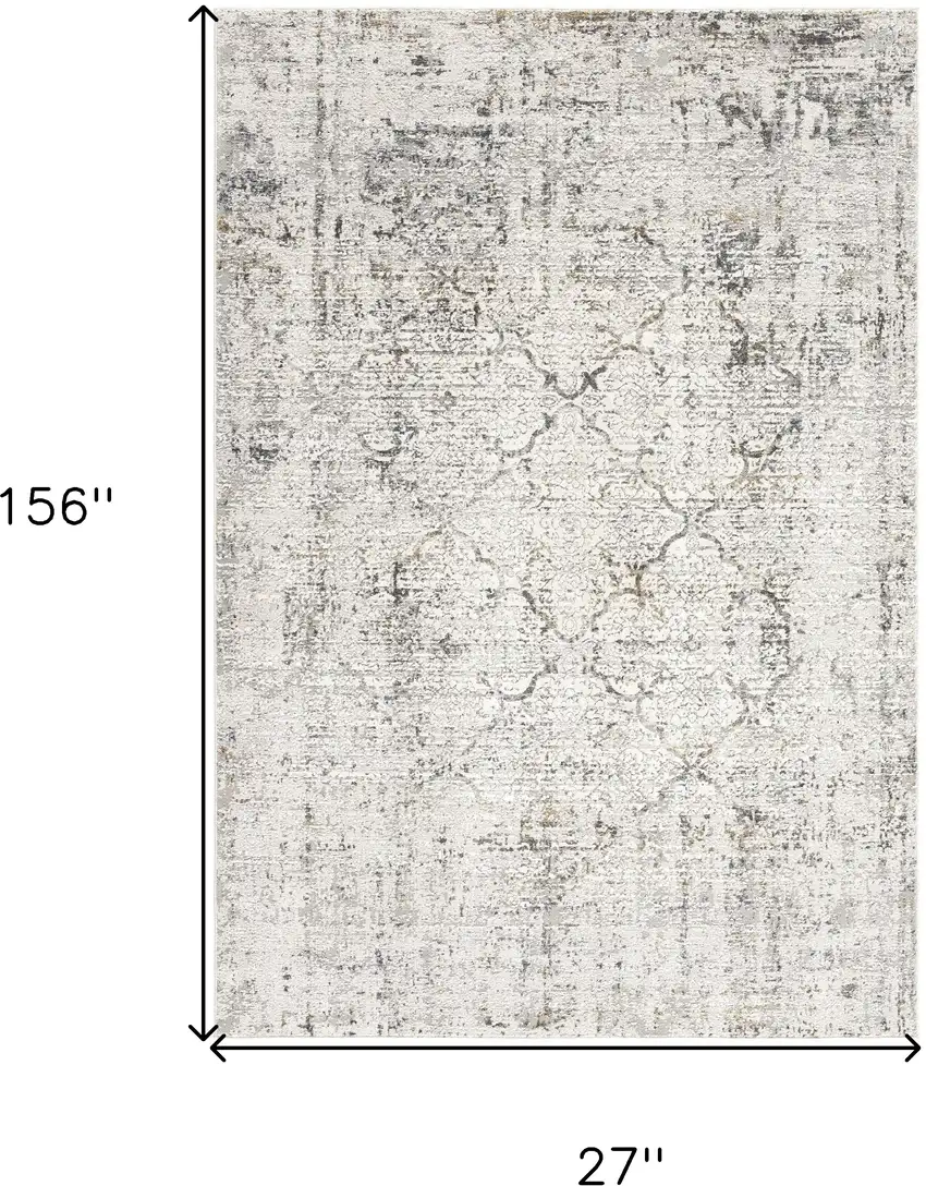 13' Gray and Ivory Damask Distressed Runner Rug Photo 3