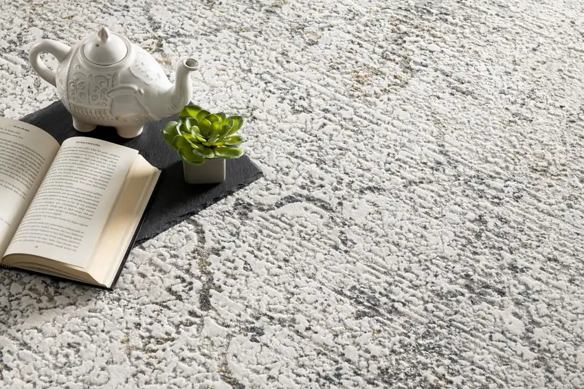 15' Gray and Ivory Damask Distressed Runner Rug Photo 4