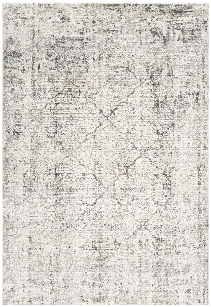 15' Gray and Ivory Damask Distressed Runner Rug Photo 2