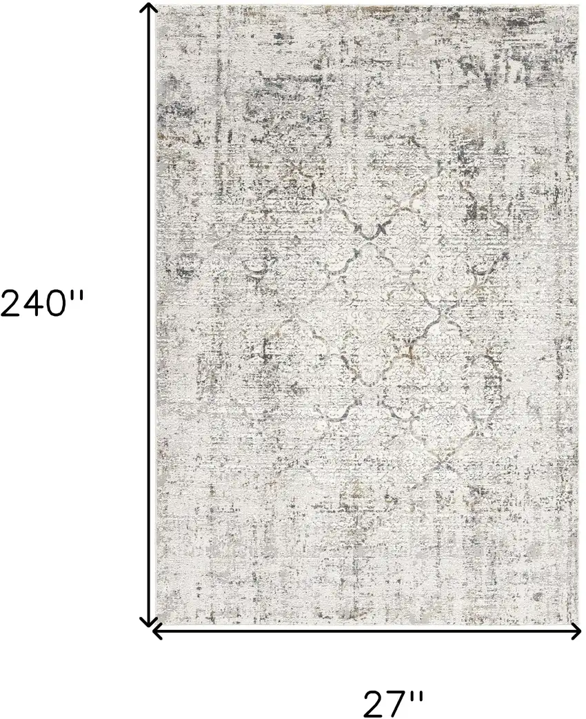 20' Gray and Ivory Damask Distressed Runner Rug Photo 3