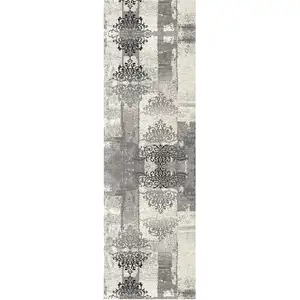 Photo of 13' Gray and Ivory Damask Power Loom Distressed Runner Rug