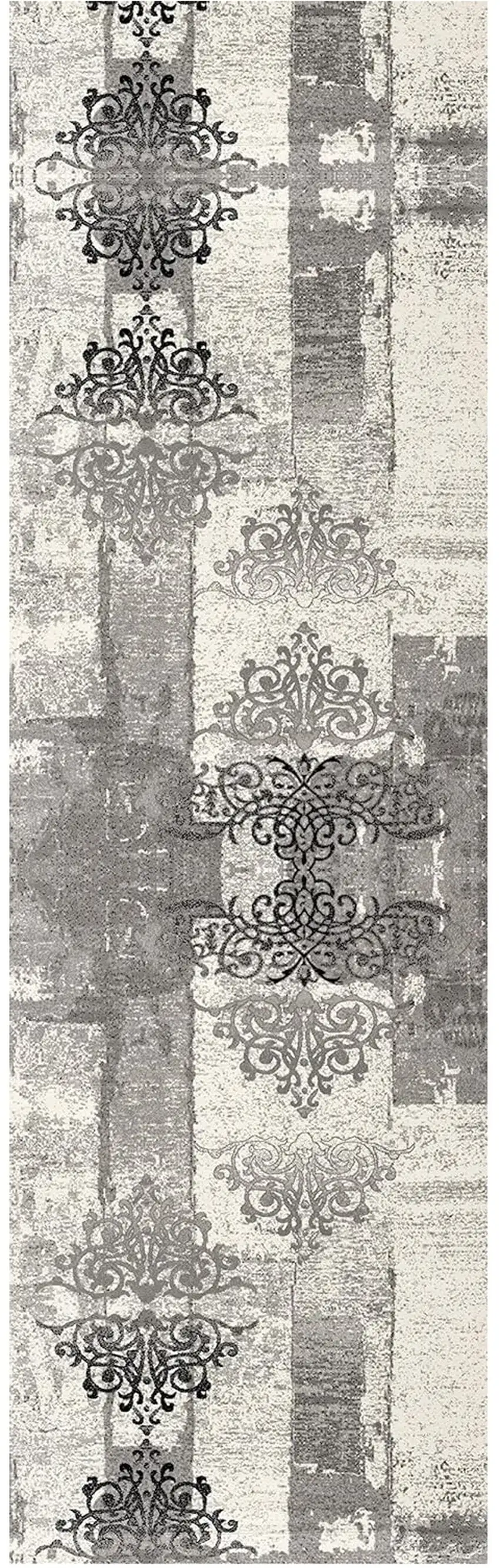 13' Gray and Ivory Damask Power Loom Distressed Runner Rug Photo 2