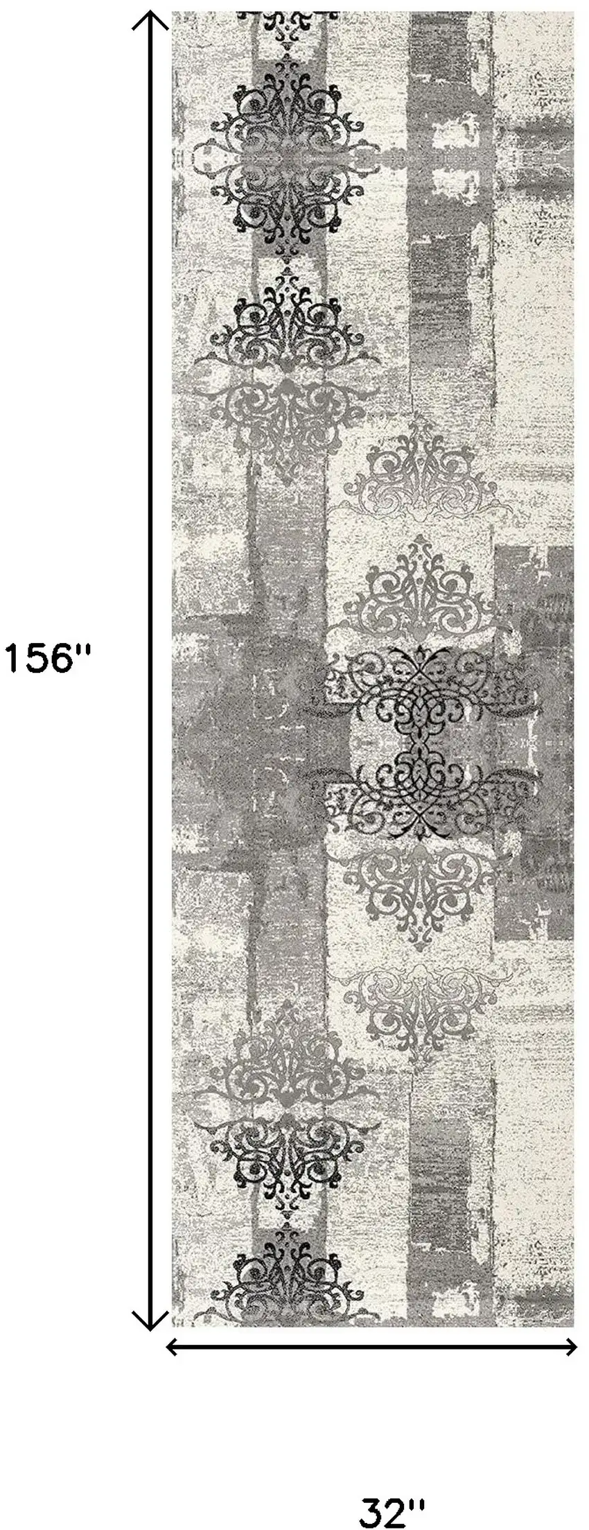 13' Gray and Ivory Damask Power Loom Distressed Runner Rug Photo 3