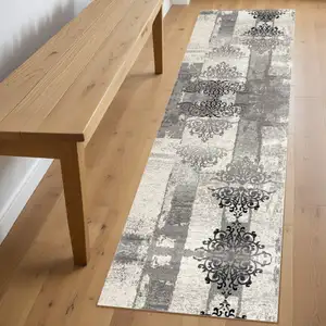 Photo of 8' Gray and Ivory Damask Power Loom Runner Rug