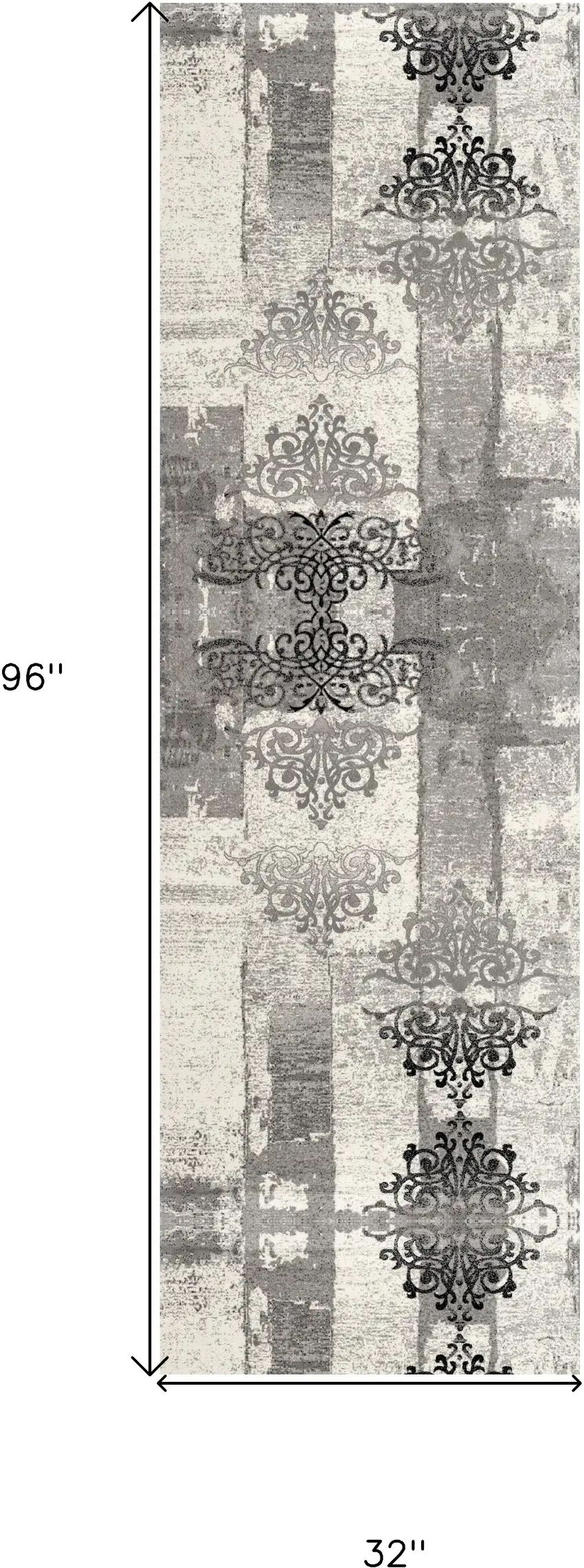 8' Gray and Ivory Damask Power Loom Runner Rug Photo 6