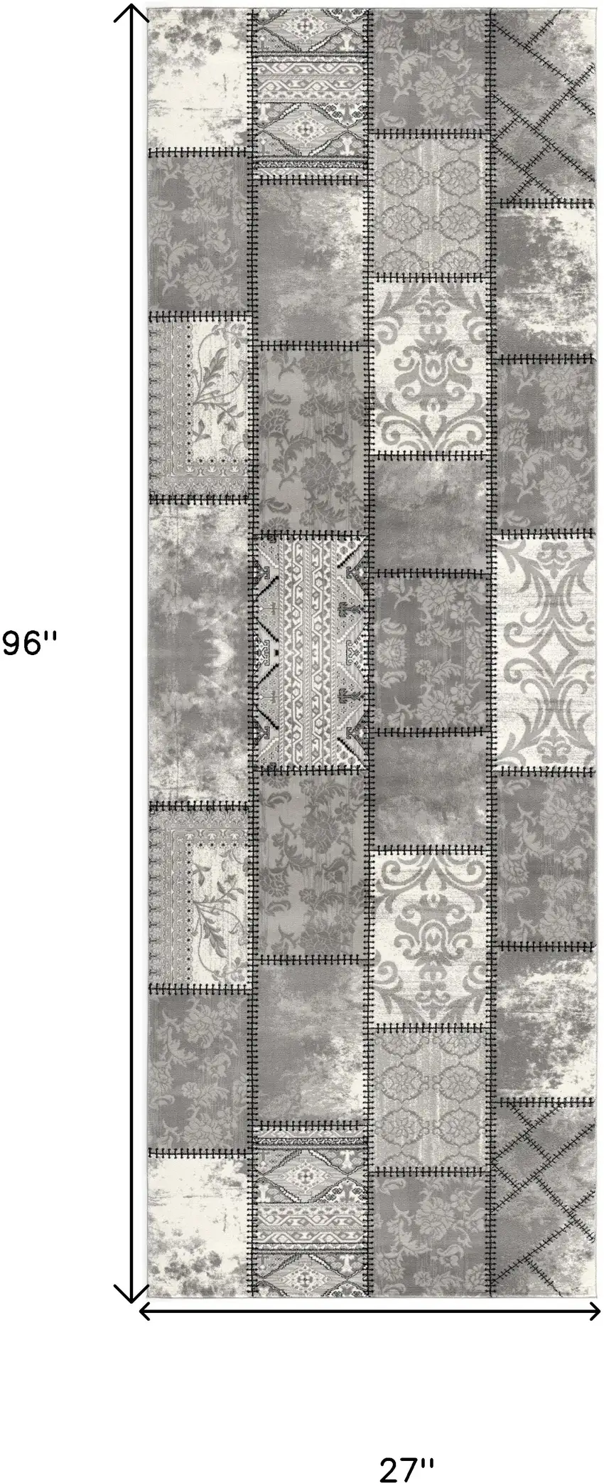 8' Gray and Ivory Damask Washable Non Skid Runner Rug Photo 6