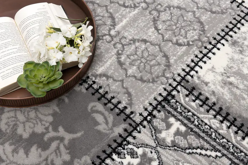 8' Gray and Ivory Damask Washable Non Skid Runner Rug Photo 3