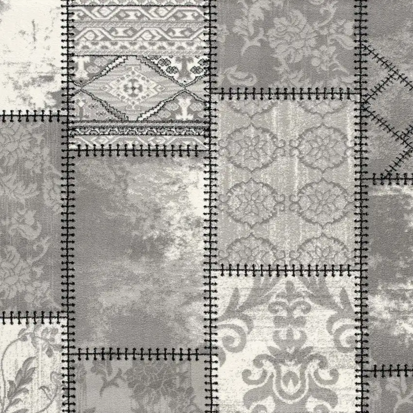 8' Gray and Ivory Damask Washable Non Skid Runner Rug Photo 5