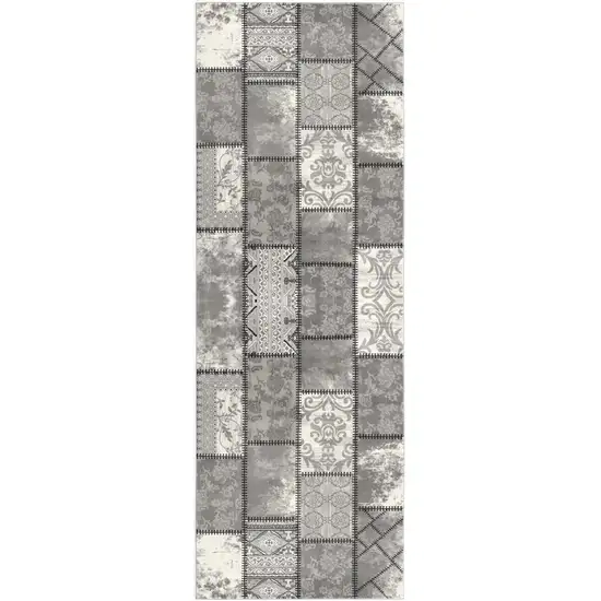 8' Gray and Ivory Damask Washable Non Skid Runner Rug Photo 2
