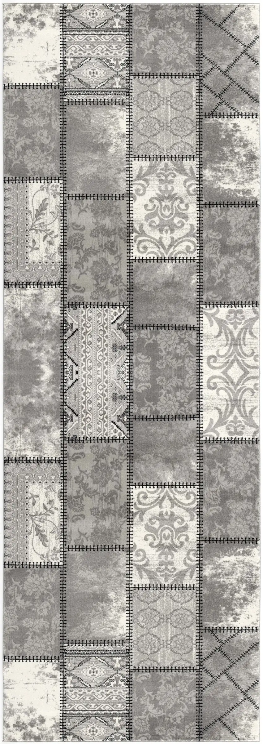 8' Gray and Ivory Damask Washable Non Skid Runner Rug Photo 2
