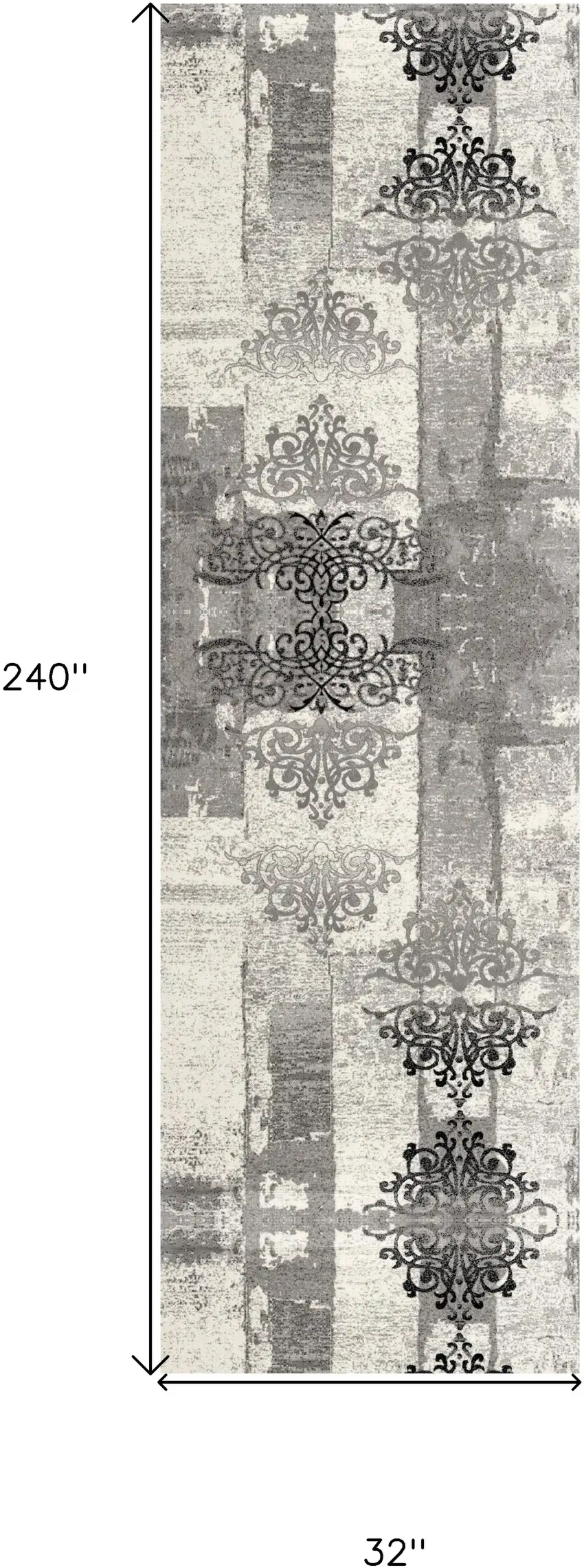 20' Gray and Ivory Distressed Damask Runner Rug Photo 6
