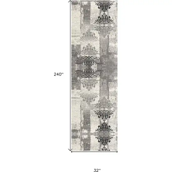 20' Gray and Ivory Distressed Damask Runner Rug Photo 6