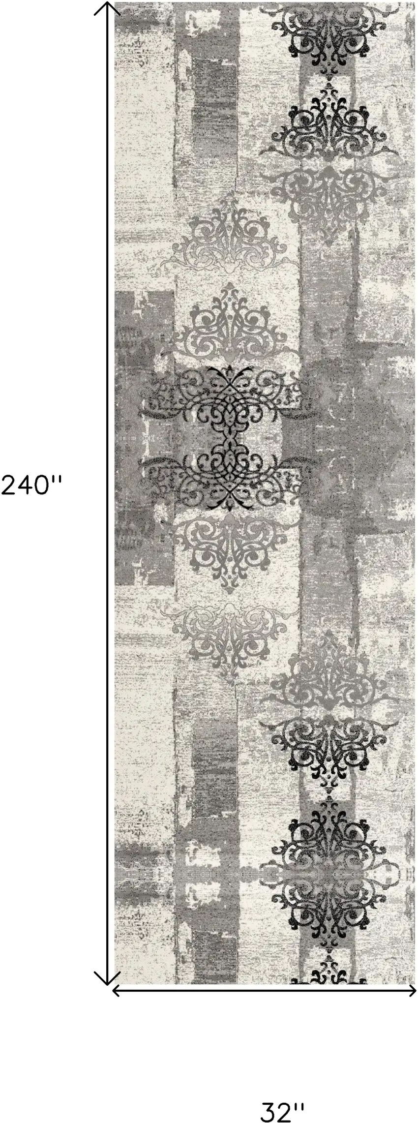 20' Gray and Ivory Distressed Damask Runner Rug Photo 6