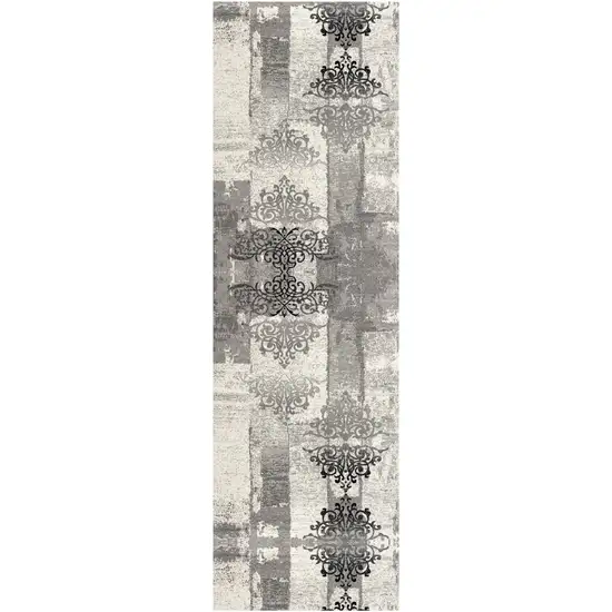 20' Gray and Ivory Distressed Damask Runner Rug Photo 2
