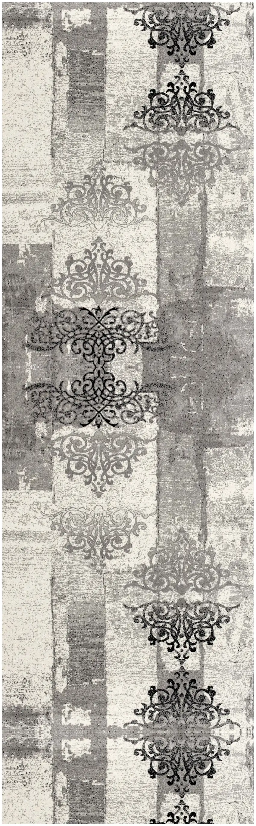 20' Gray and Ivory Distressed Damask Runner Rug Photo 2